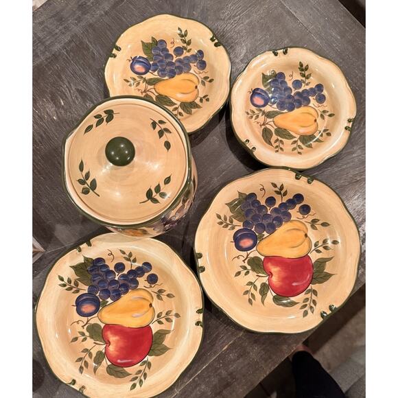 Home Trends Fruit Harvest 5 Pc Set Plates & Cookie Jar Hand Painted Stoneware - Picture 2 of 16